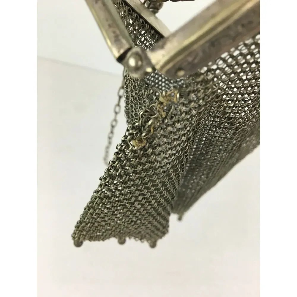 Antique Signed‎ German Silver Mesh Purse Bag Ornate Frame Dangles NB Co Flapper
